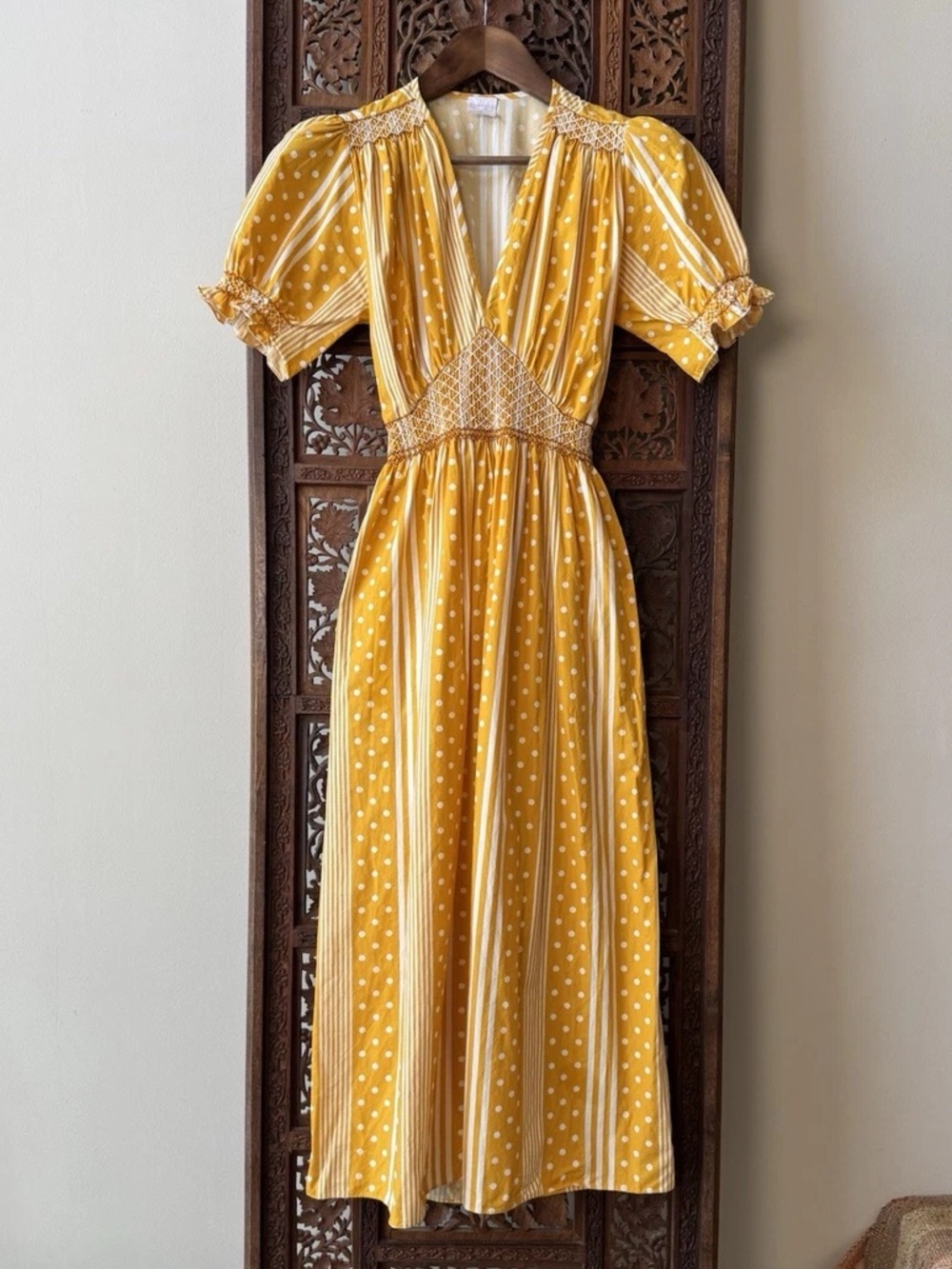 Loretta Caponi Smocked Waist Yellow Midi Dress with Polka Dot Stripe Small